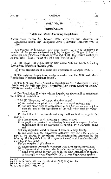 The Milk and Meals Amendment Regulations (Northern Ireland) 1968