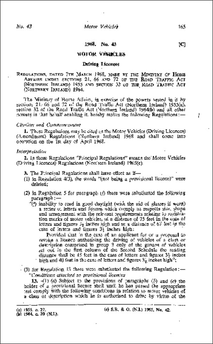 The Motor Vehicles (Driving Licenses) (Amendment) Regulations (Northern Ireland) 1968