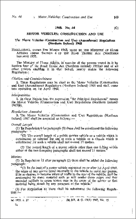 The Motor Vehicles (Construction and Use) (Amendment) Regulations (Northern Ireland) 1968