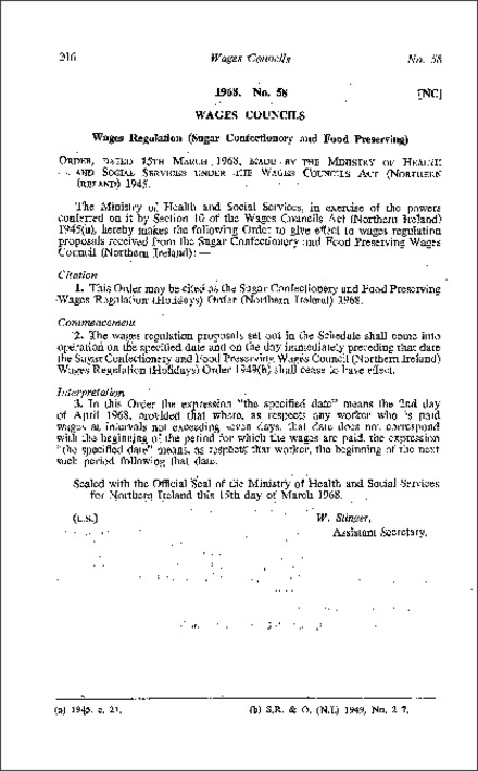 The Sugar Confectionery and Food Preserving Wages Regulations (Holidays) Order (Northern Ireland) 1968