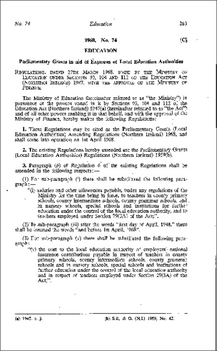 The Parliamentary Grants (Local Education Authorities) Amendment Regulations (Northern Ireland) 1968