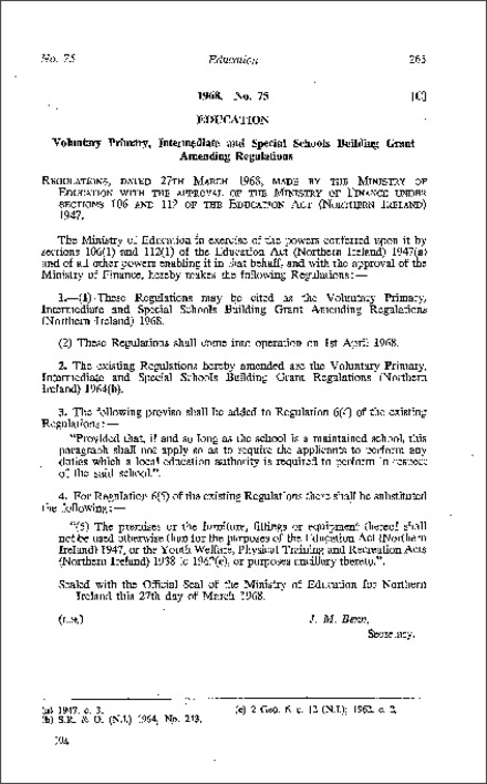 The Voluntary Primary Intermediate and Special Schools Building Grant Amendment Regulations (Northern Ireland) 1968