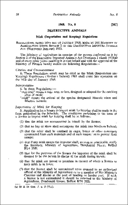 The Mink (Importation and Keeping) Regulations (Northern Ireland) 1968