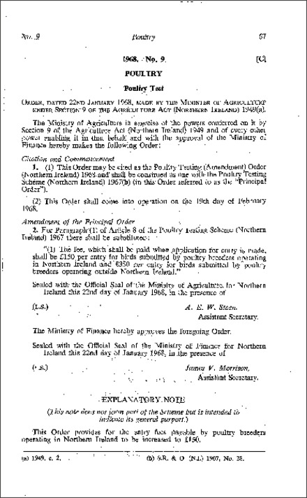 The Poultry Testing (Amendment) Order (Northern Ireland) 1968