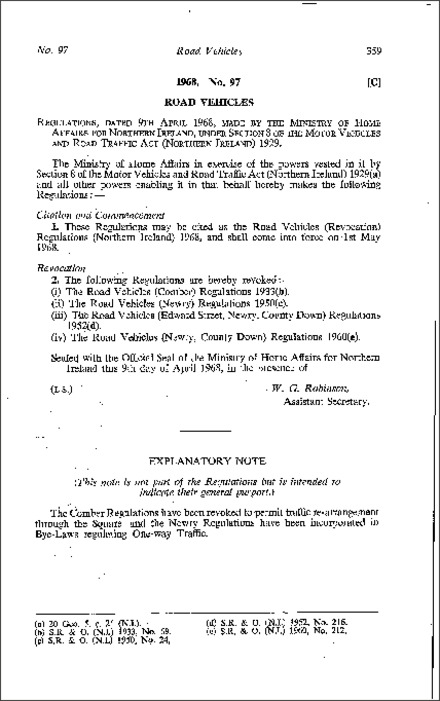 The Road Vehicles (Revocation) Regulations (Northern Ireland) 1968