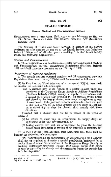 The Health Services (General Medical and Pharmaceutical Services) Amendment Regulations (Northern Ireland) 1968