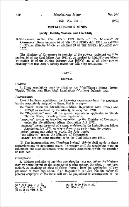 The Metalliferous Mines (Safety, Health, Welfare and Electricity) Regulations (Northern Ireland) 1969