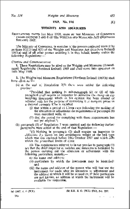 The Weights and Measures (Amendment) Regulations (Northern Ireland) 1969