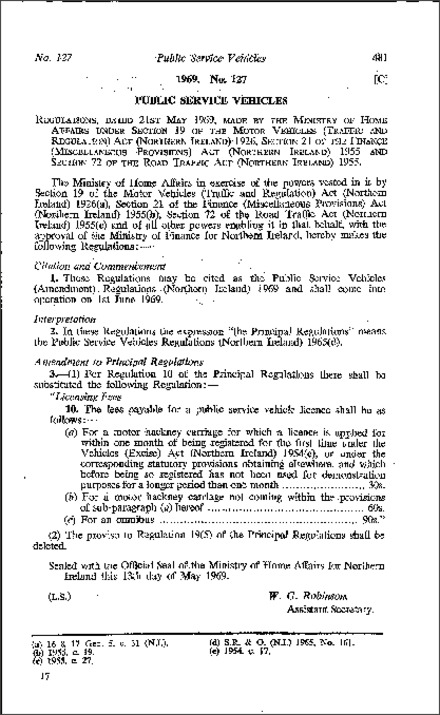 The Public Service Vehicles (Amendment) Regulations (Northern Ireland) 1969