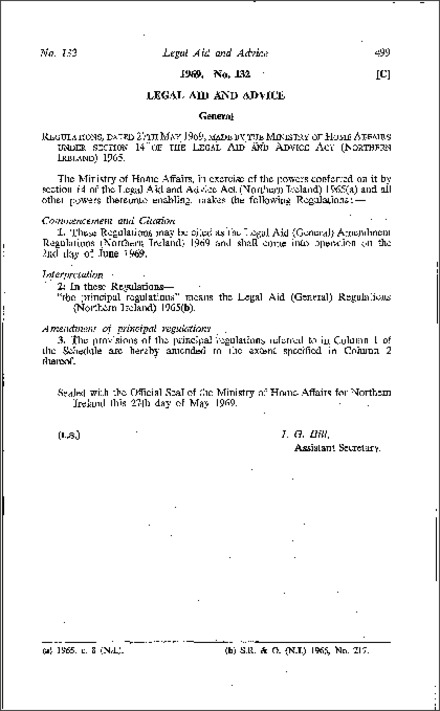 The Legal Aid (General) Amendment Regulations (Northern Ireland) 1969