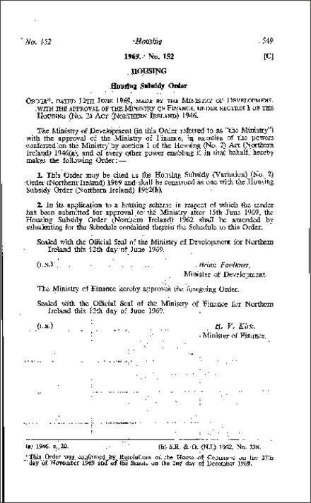 The Housing Subsidy (Variation) (No. 2) Order (Northern Ireland) 1969