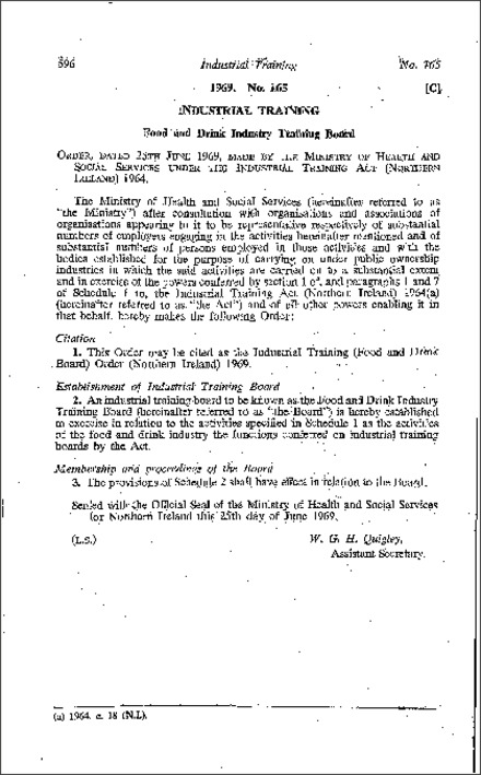 The Industrial Training (Food and Drink Board) Order (Northern Ireland) 1969