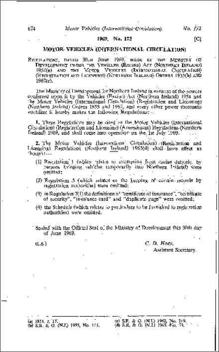 The Motor Vehicles (International Circulation) (Registration and Licensing) (Amendment) Regulations (Northern Ireland) 1969