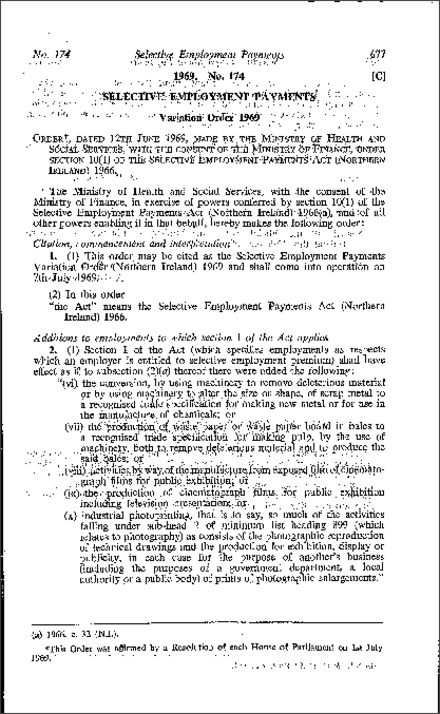 The Selective Employment Payments Variation Order (Northern Ireland) 1969
