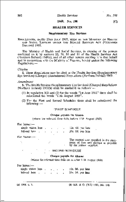 The Health Services (Supplementary Eye Services) (Charges) (Amendment) Regulations (Northern Ireland) 1969