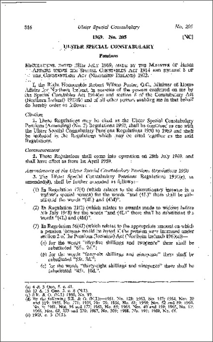 The Ulster Special Constabulary Pensions (Amendment) (No. 2) Regulations (Northern Ireland) 1969