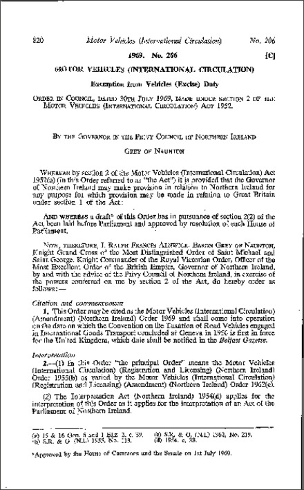 The Motor Vehicles (International Circulation) (Amendment) Order (Northern Ireland) 1969