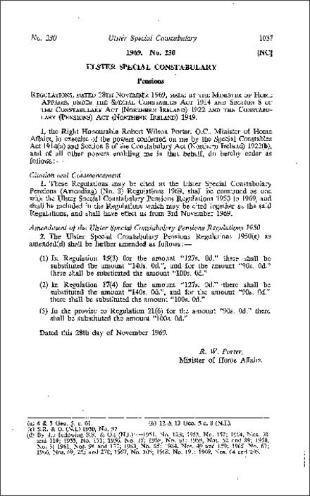 The Ulster Special Constabulary Pensions (Amendment) (No. 3) Regulations (Northern Ireland) 1969