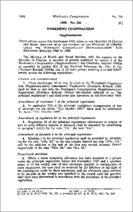 The Workmen's Compensation (Supplementation) Amendment Regulations (Northern Ireland) 1969