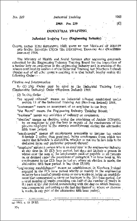 The Industrial Training Levy (Engineering Industry) Order (Northern Ireland) 1969