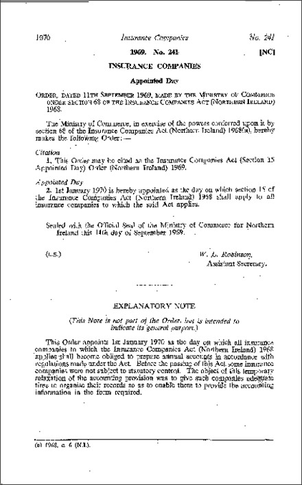 The Insurance Companies Act (Section 15 Appointed Day) Order (Northern Ireland) 1969