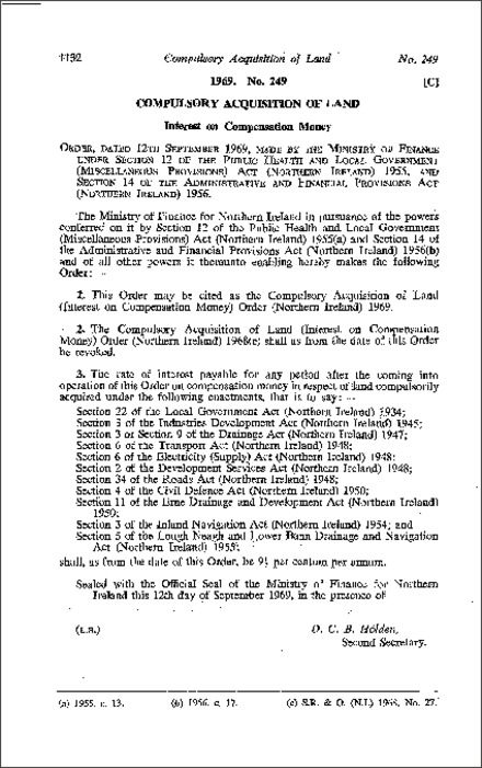 The Compulsory Acquisition of Land (Interest on Compensation Money) Order (Northern Ireland) 1969