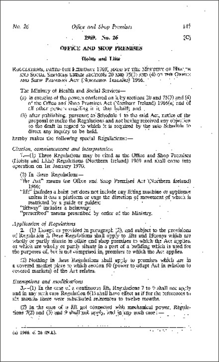 The Office and Shop Premises (Hoists and Lifts) Regulations (Northern Ireland) 1969