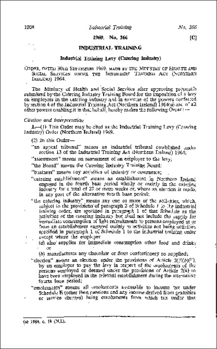 The Industrial Training Levy (Catering Industry) Order (Northern Ireland) 1969