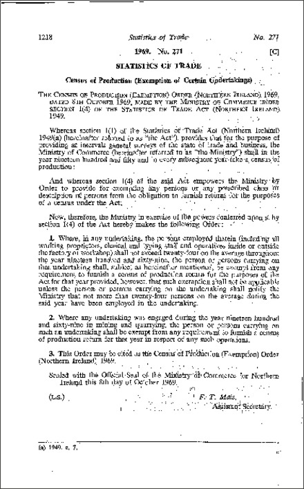 The Census of Production (Exemption) Order (Northern Ireland) 1969