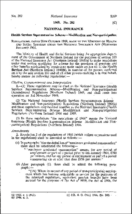 The National Insurance (Health Services Superannuation Scheme - Modification and Non-participation) (Amendment) Regulations (Northern Ireland) 1969