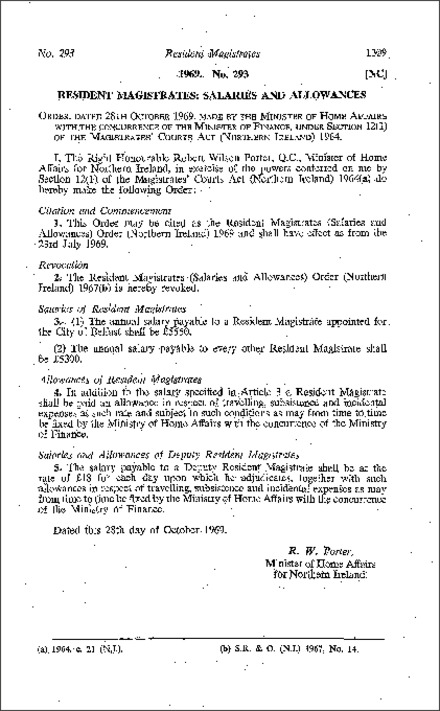 The Resident Magistrates (Salaries and Allowances) Order (Northern Ireland) 1969