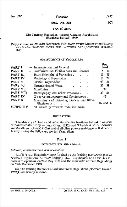 The Ionising Radiations (Sealed Sources) Regulations (Northern Ireland) 1969