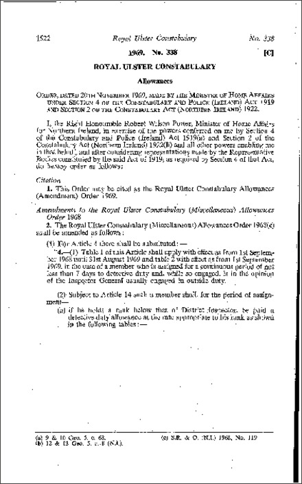 The Royal Ulster Constabulary Allowances (Amendment) Order (Northern Ireland) 1969