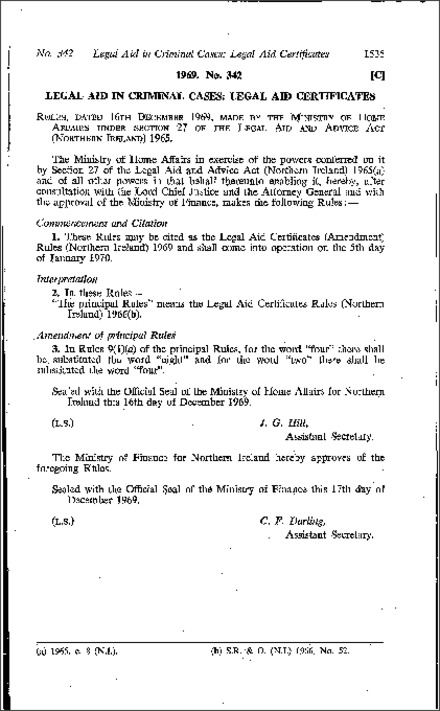 The Legal Aid Certificates (Amendment) Rules (Northern Ireland) 1969
