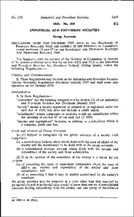The Industrial and Provident Societies (Group Accounts) Regulations (Northern Ireland) 1969