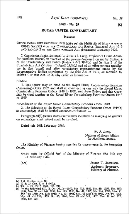 The Royal Ulster Constabulary Pensions (Amendment) Order (Northern Ireland) 1969