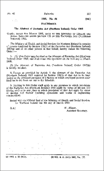 The Abstract of Factories Act Order (Northern Ireland) 1969