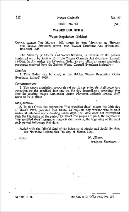 The Baking Wages Regulations Order (Northern Ireland) 1969