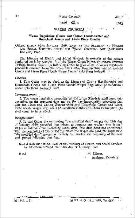 The Linen and Cotton Handkerchief and Household Goods and Linen Piece Goods Wages Regulations (Amendment) Order (Northern Ireland) 1969