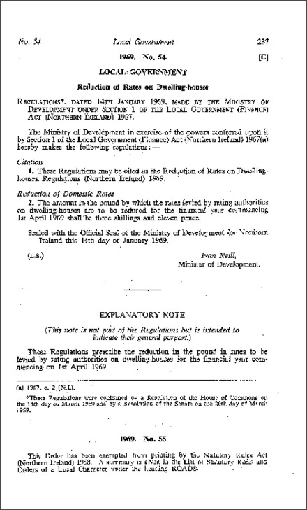 The Reduction of Rates on Dwelling-houses Regulations (Northern Ireland) 1969