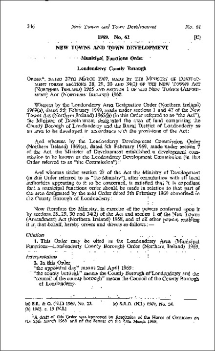 The Londonderry Area (Municipal Functions-Londonderry County Borough) Order (Northern Ireland) 1969