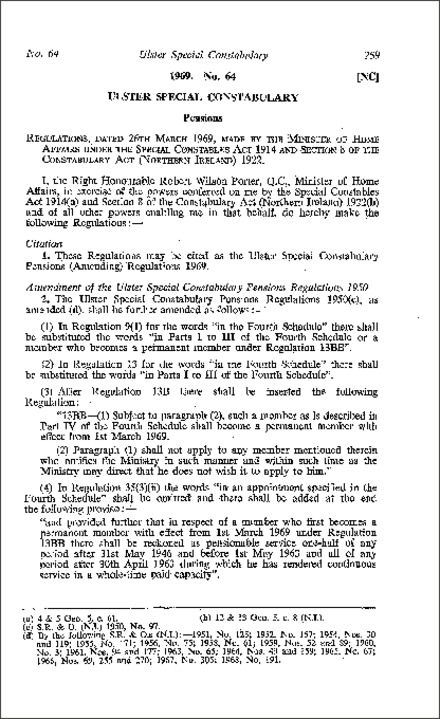The Ulster Special Constabulary Pensions (Amendment) Regulations (Northern Ireland) 1969
