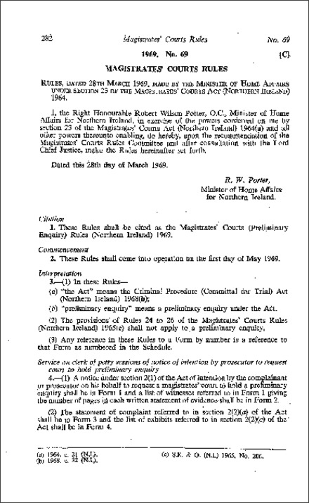 The Magistrates' Courts (Preliminary Enquiry) Rules (Northern Ireland) 1969