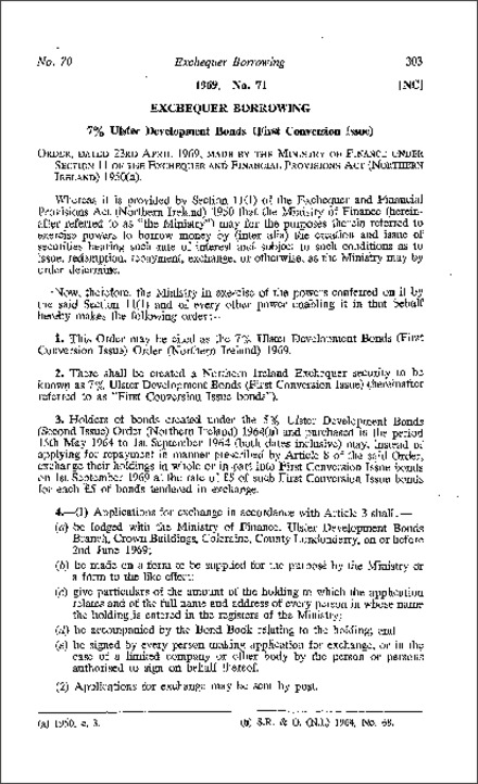 The 7% Ulster Development Bonds (First Conversion Issue) Order (Northern Ireland) 1969