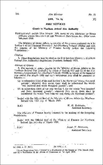 The Fire Services (Grants to Northern Ireland Fire Authority) Regulations (Northern Ireland) 1969