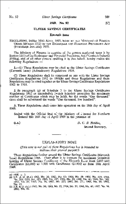 The Ulster Savings Certificates (Eleventh Issue) (Amendment) Regulations (Northern Ireland) 1969