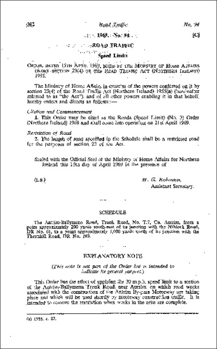 The Roads (Speed Limit) (No. 3) Order (Northern Ireland) 1969