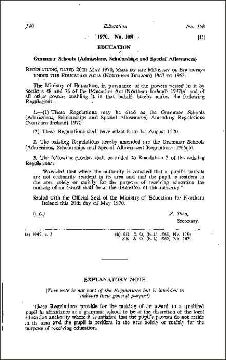 The Grammar Schools (Admissions, Scholarships and Special Allowances) Amendment Regulations (Northern Ireland) 1970