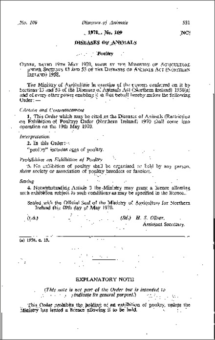 The Diseases of Animals (Restriction on Exhibition of Poultry) Order (Northern Ireland) 1970