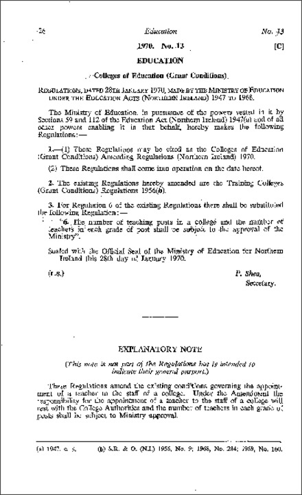 The Colleges of Education (Grant Conditions) Amendment Regulations (Northern Ireland) 1970